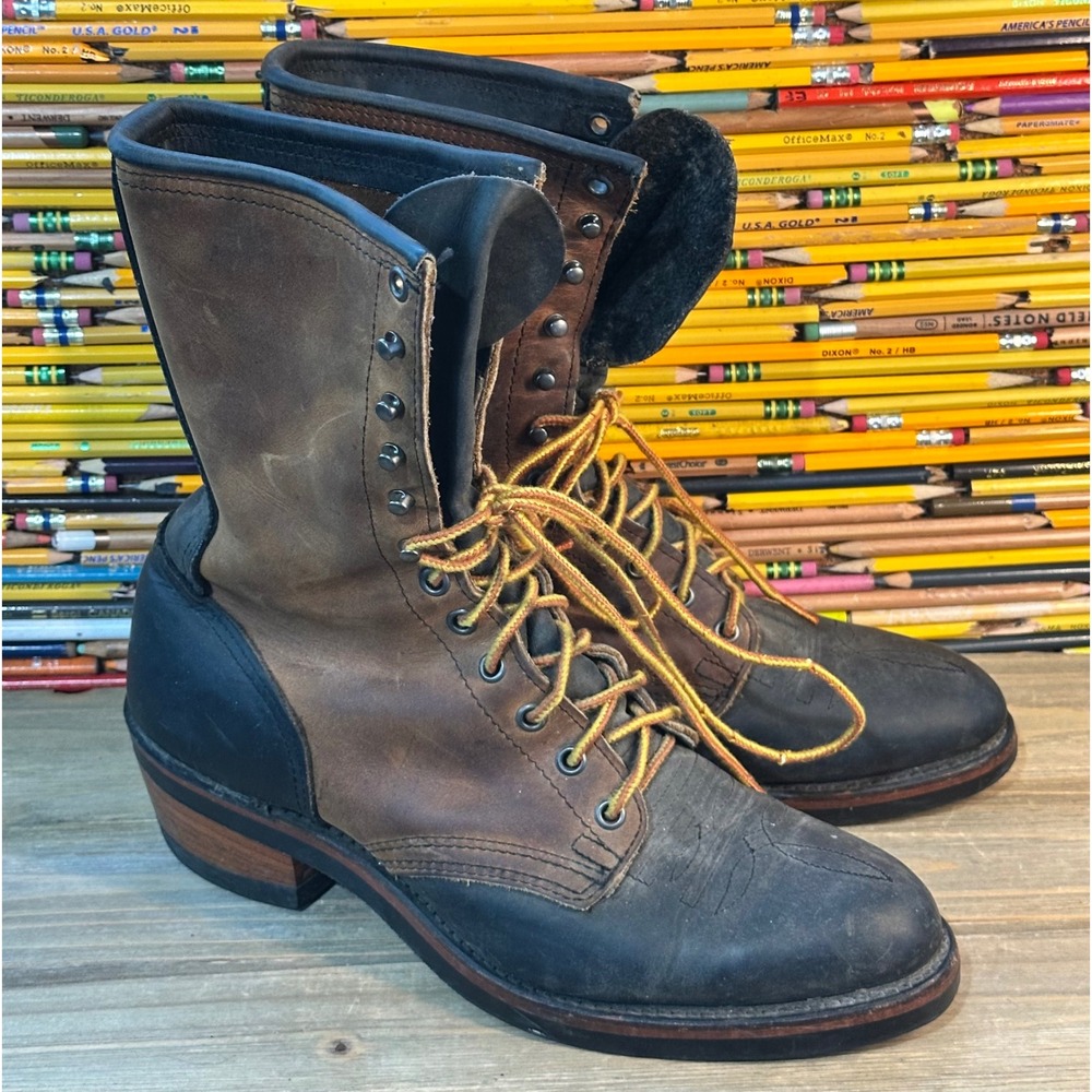 Double H Retro Packer Boots Leather Lace Up Western Mens 8 B Brown Black